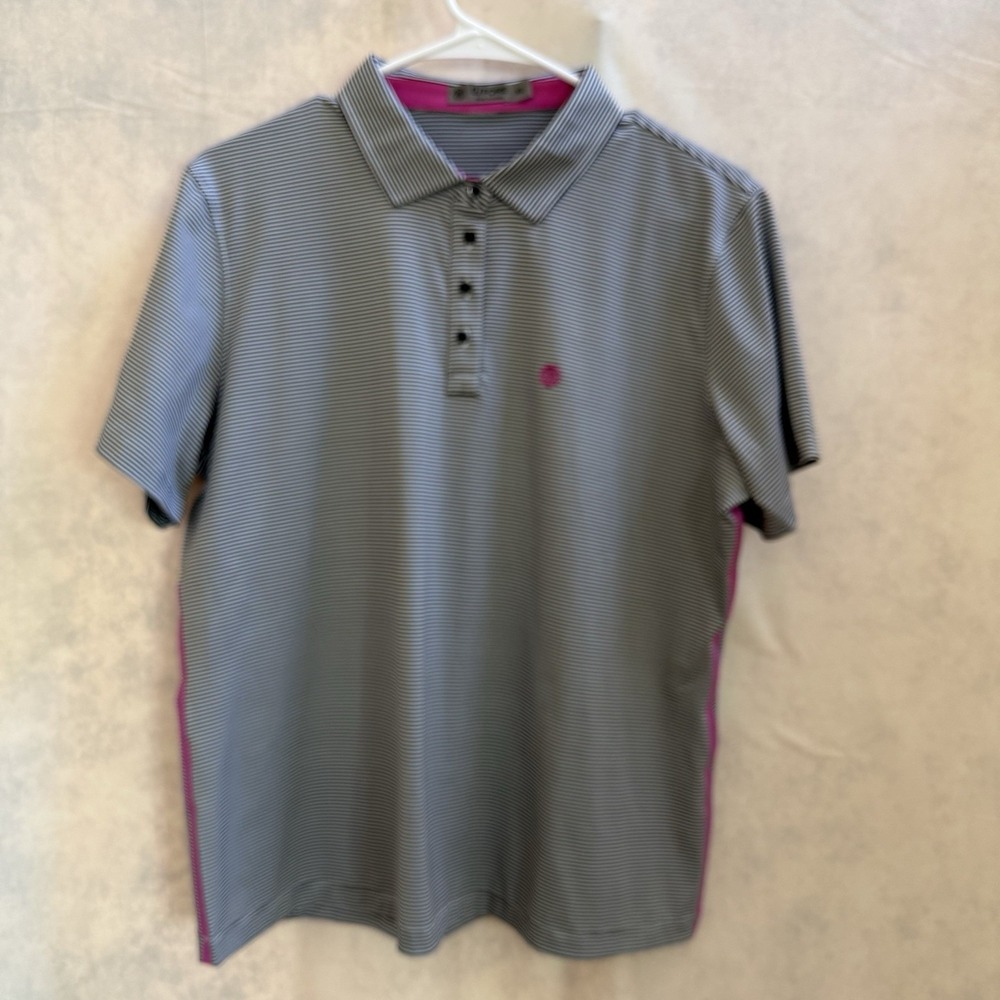 Women's G/FORE Black‎ White With Pink Striped Golf Polo Shirt Size XL